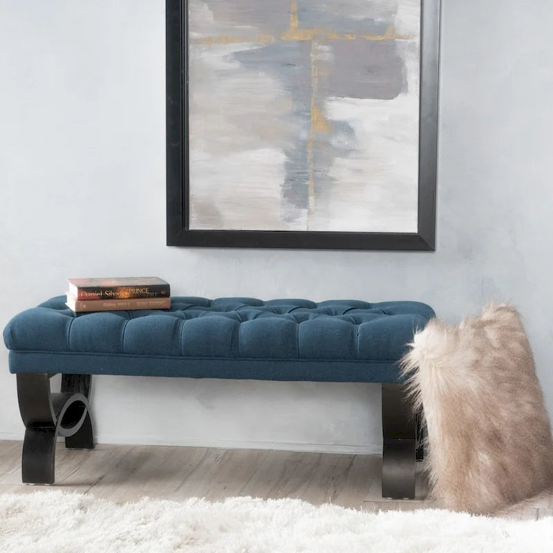Stoffbezogene Ottoman-Sitzbank mit Beinen aus Birkenholz 104 cm L x 44 cm B x 43 cm H