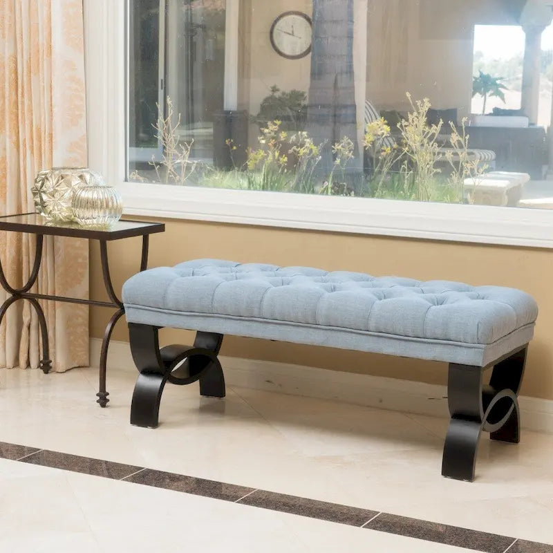 Stoffbezogene Ottoman-Sitzbank mit Beinen aus Birkenholz 104 cm L x 44 cm B x 43 cm H
