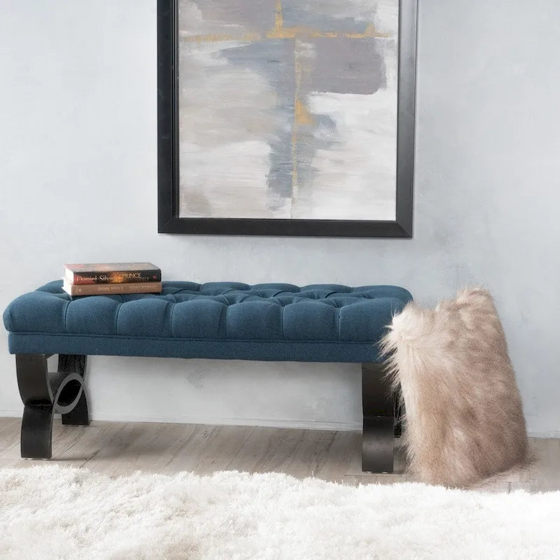 Stoffbezogene Ottoman-Sitzbank mit Beinen aus Birkenholz 104 cm L x 44 cm B x 43 cm H