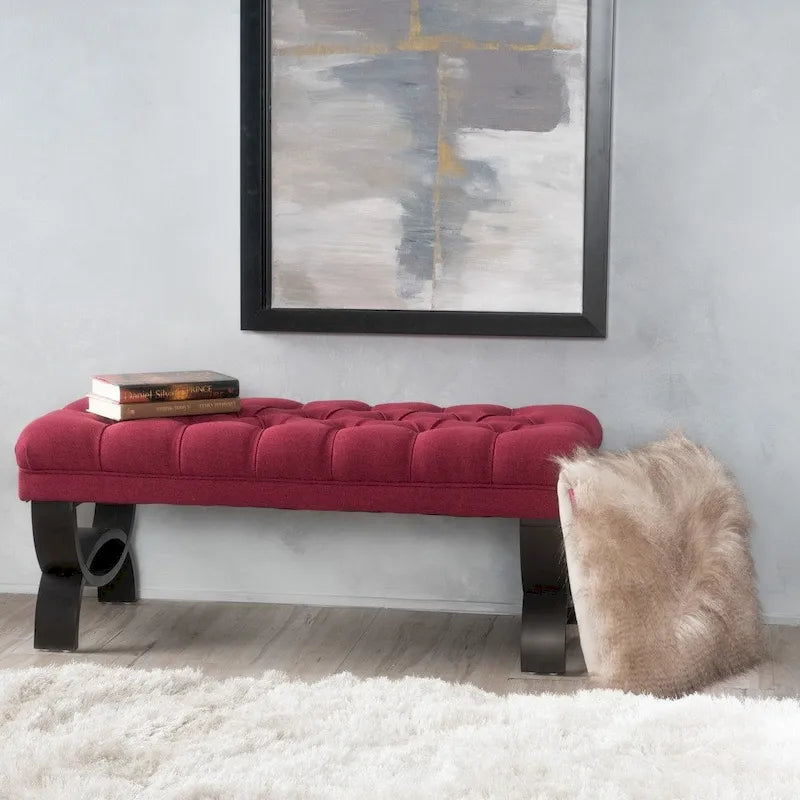 Stoffbezogene Ottoman-Sitzbank mit Beinen aus Birkenholz 104 cm L x 44 cm B x 43 cm H