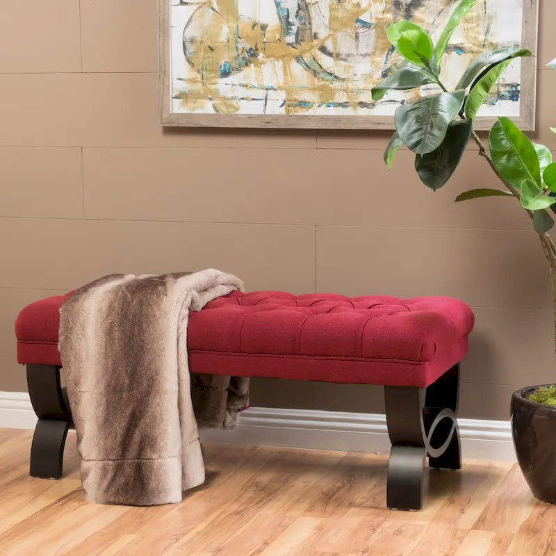 Stoffbezogene Ottoman-Sitzbank mit Beinen aus Birkenholz 104 cm L x 44 cm B x 43 cm H
