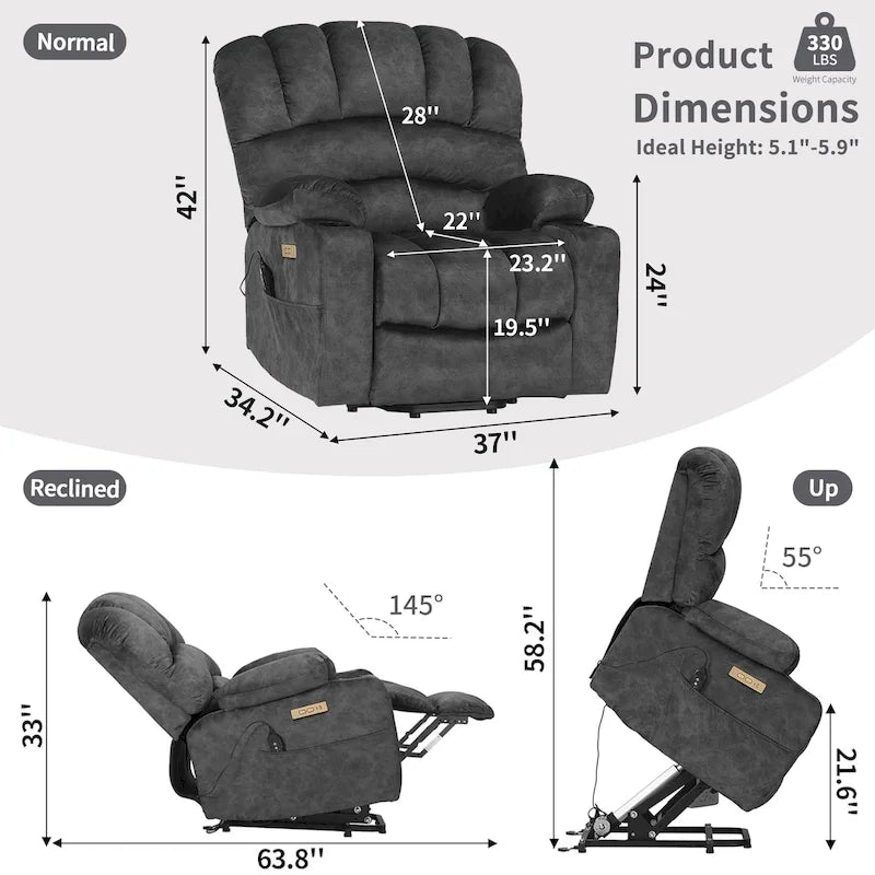 Fabrik- & Kunstleder-Sessel mit elektrischer Aufstehhilfe, Massage und Heizung 94 cm B x 86 cm T x 107 cm H