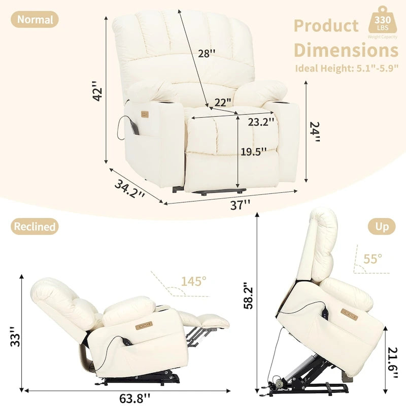 Fabrik- & Kunstleder-Sessel mit elektrischer Aufstehhilfe, Massage und Heizung 94 cm B x 86 cm T x 107 cm H