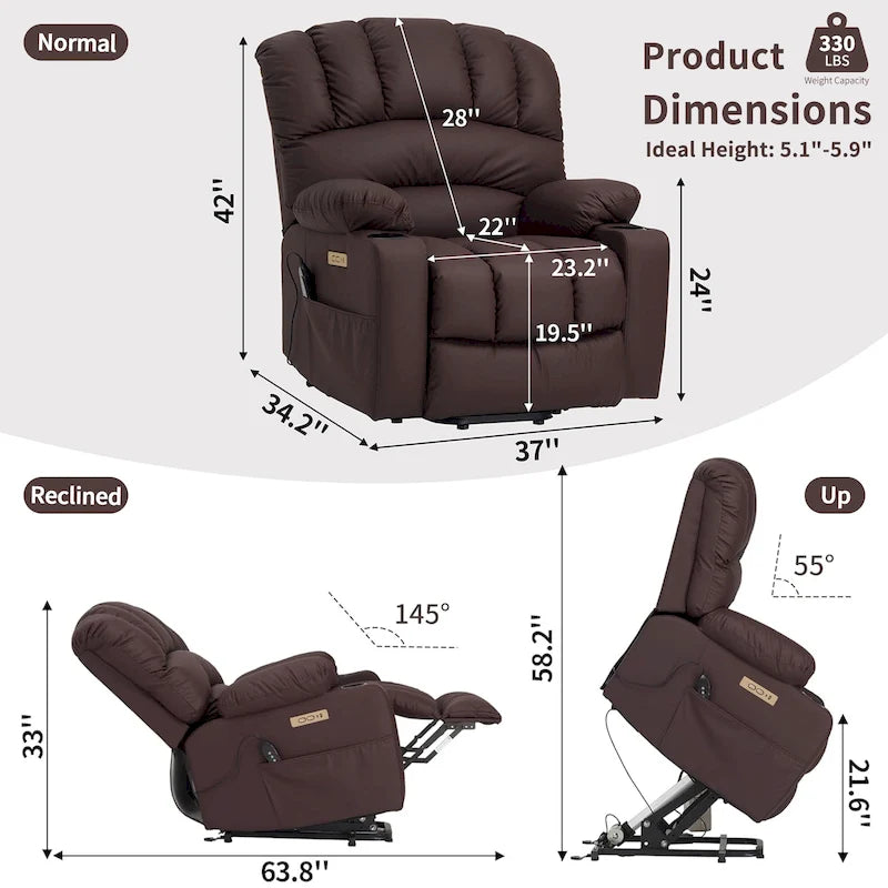Fabrik- & Kunstleder-Sessel mit elektrischer Aufstehhilfe, Massage und Heizung 94 cm B x 86 cm T x 107 cm H