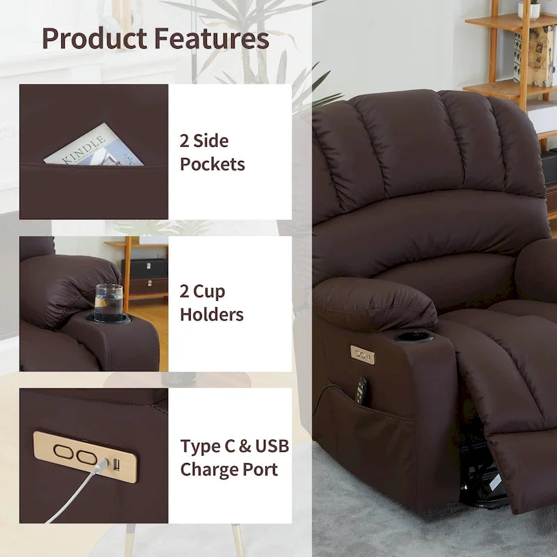 Fabrik- & Kunstleder-Sessel mit elektrischer Aufstehhilfe, Massage und Heizung 94 cm B x 86 cm T x 107 cm H