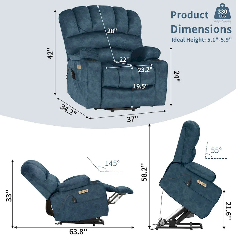 Fabrik- & Kunstleder-Sessel mit elektrischer Aufstehhilfe, Massage und Heizung 94 cm B x 86 cm T x 107 cm H