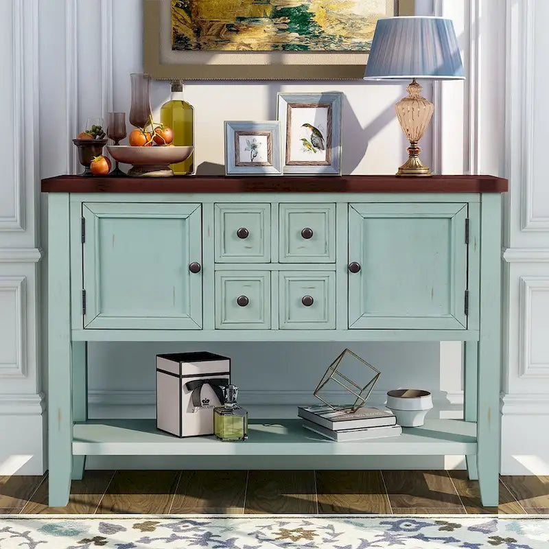 Buffet-Sideboard aus massivem Akazienholz mit 4 Schubladen und 2 Schränken 117 cm L x 38 cm B x 86 cm H
