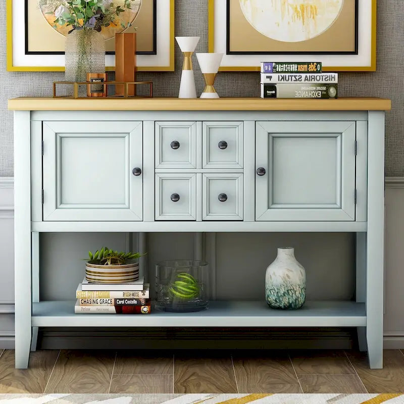 Buffet-Sideboard aus massivem Akazienholz mit 4 Schubladen und 2 Schränken 117 cm L x 38 cm B x 86 cm H