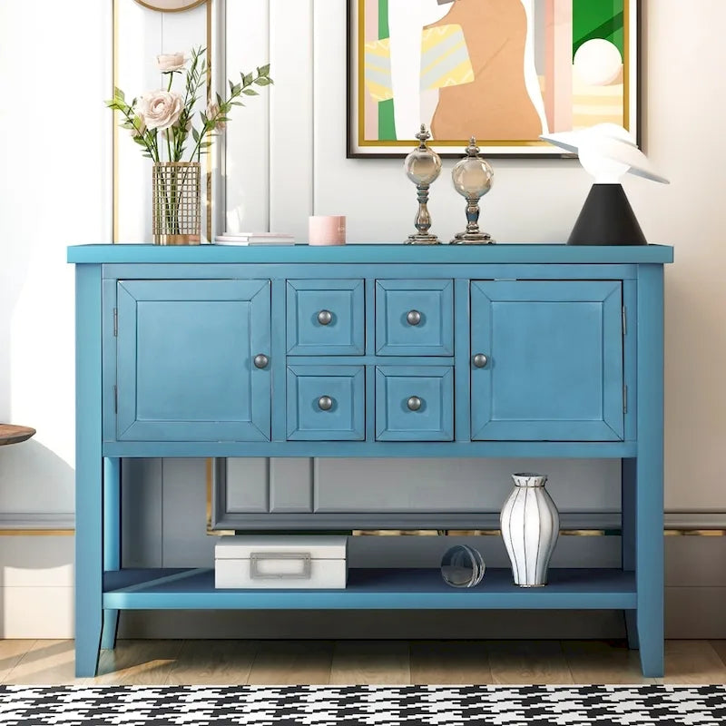Buffet-Sideboard aus massivem Akazienholz mit 4 Schubladen und 2 Schränken 117 cm L x 38 cm B x 86 cm H