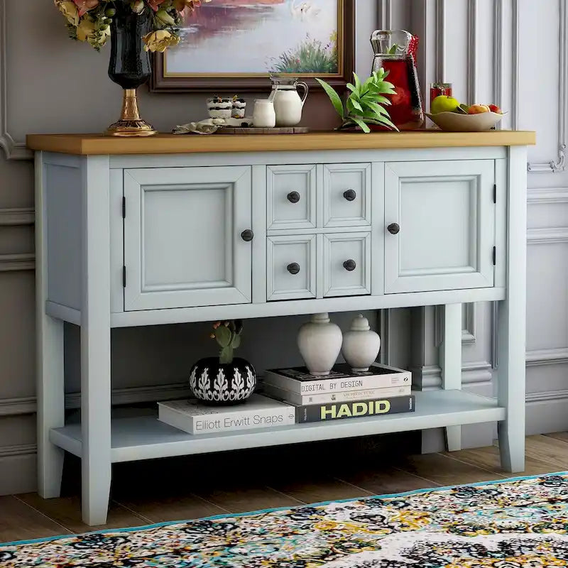 Buffet-Sideboard aus massivem Akazienholz mit 4 Schubladen und 2 Schränken 117 cm L x 38 cm B x 86 cm H