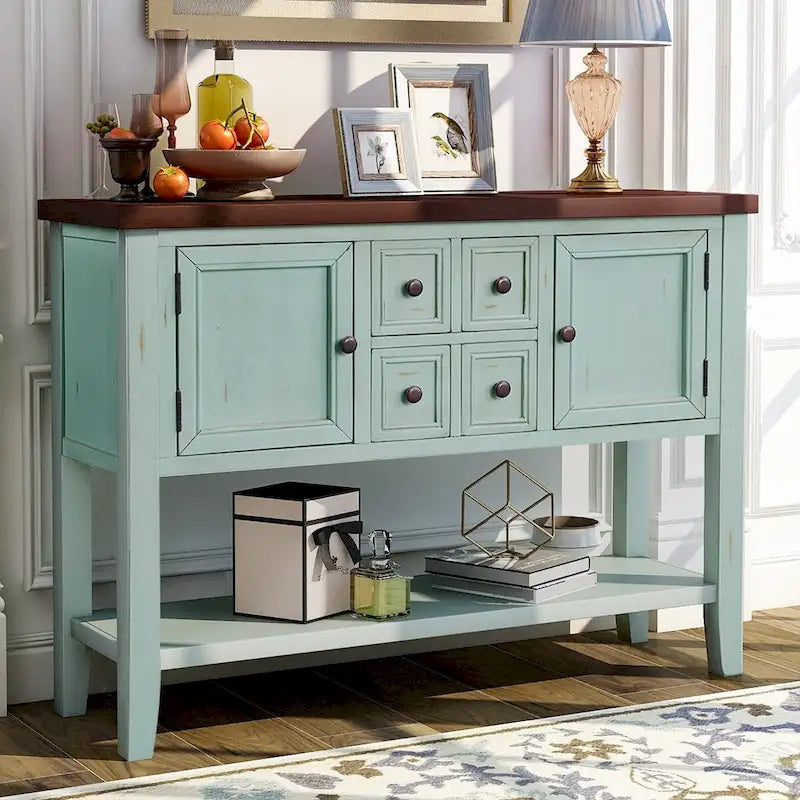 Buffet-Sideboard aus massivem Akazienholz mit 4 Schubladen und 2 Schränken 117 cm L x 38 cm B x 86 cm H