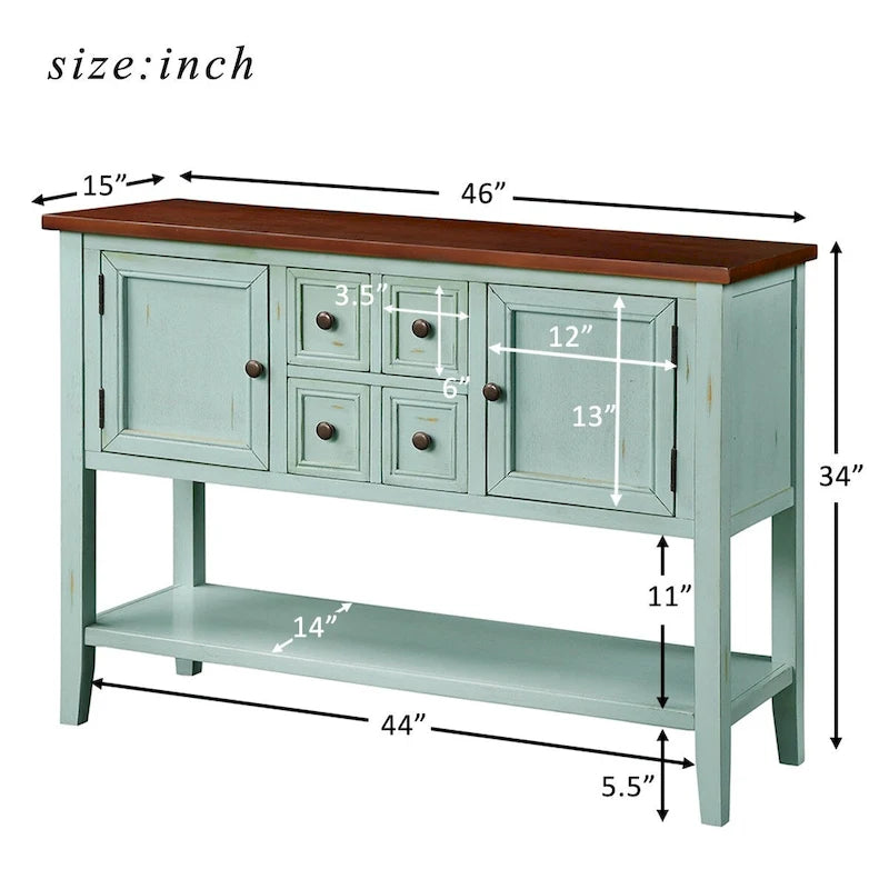 Buffet-Sideboard aus massivem Akazienholz mit 4 Schubladen und 2 Schränken 117 cm L x 38 cm B x 86 cm H