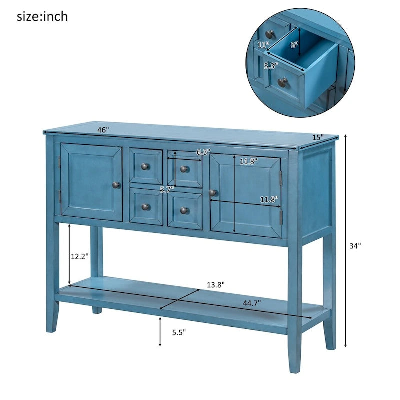 Buffet-Sideboard aus massivem Akazienholz mit 4 Schubladen und 2 Schränken 117 cm L x 38 cm B x 86 cm H