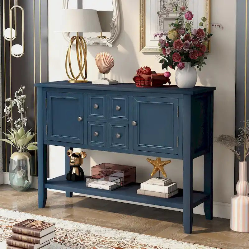 Buffet-Sideboard aus massivem Akazienholz mit 4 Schubladen und 2 Schränken 117 cm L x 38 cm B x 86 cm H