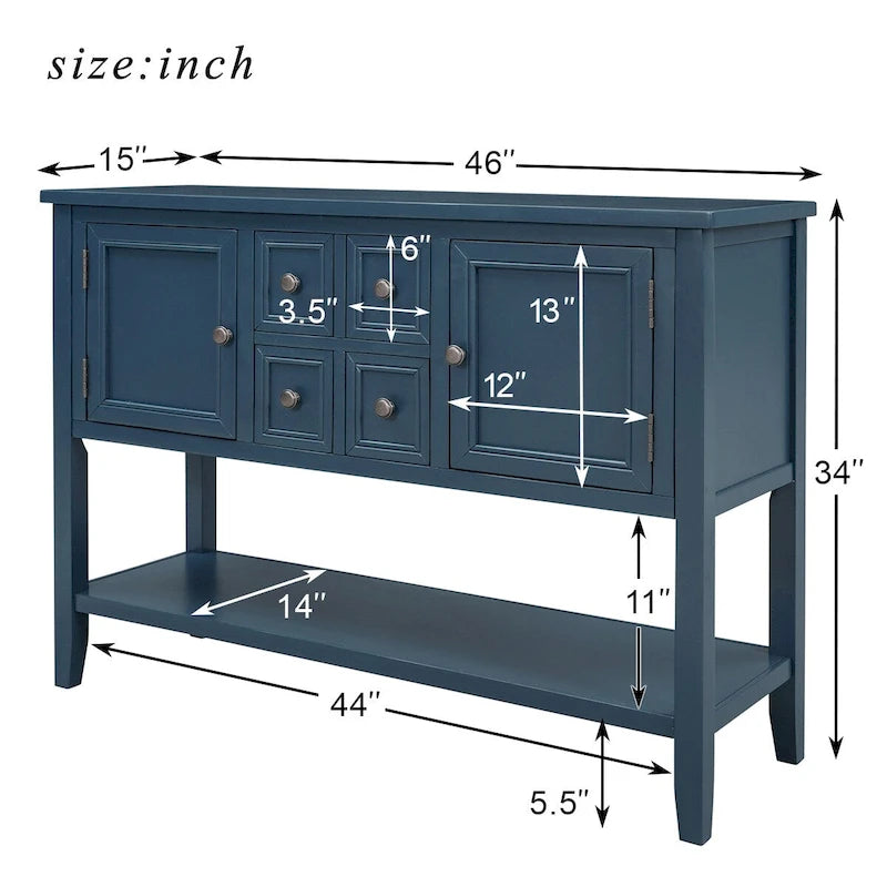 Buffet-Sideboard aus massivem Akazienholz mit 4 Schubladen und 2 Schränken 117 cm L x 38 cm B x 86 cm H