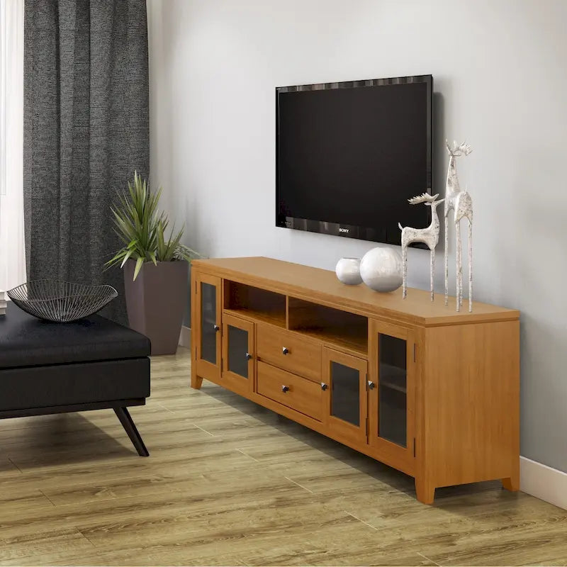 TV-Möbel aus Massivholz mit Türen aus gehärtetem Glas, 183 cm B x 44,5 cm T x 66 cm H