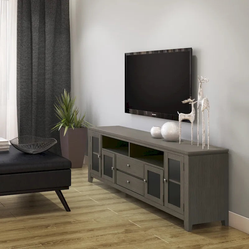 TV-Möbel aus Massivholz mit Türen aus gehärtetem Glas, 183 cm B x 44,5 cm T x 66 cm H