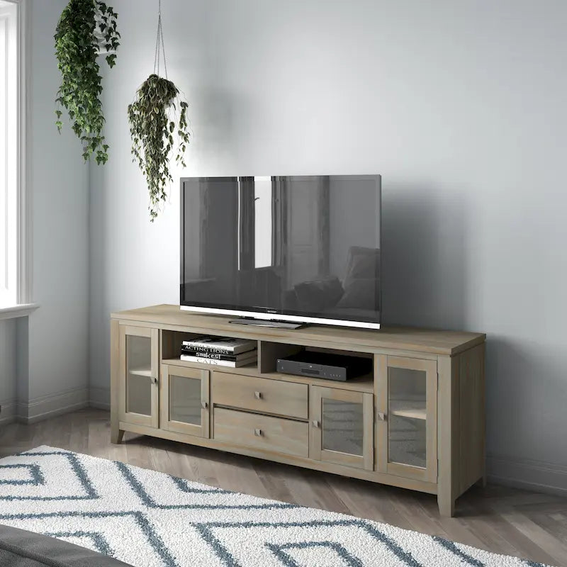 TV-Möbel aus Massivholz mit Türen aus gehärtetem Glas, 183 cm B x 44,5 cm T x 66 cm H