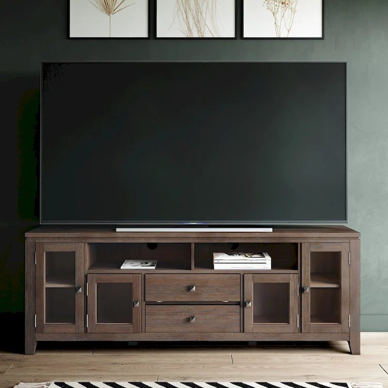 TV-Möbel aus Massivholz mit Türen aus gehärtetem Glas, 183 cm B x 44,5 cm T x 66 cm H