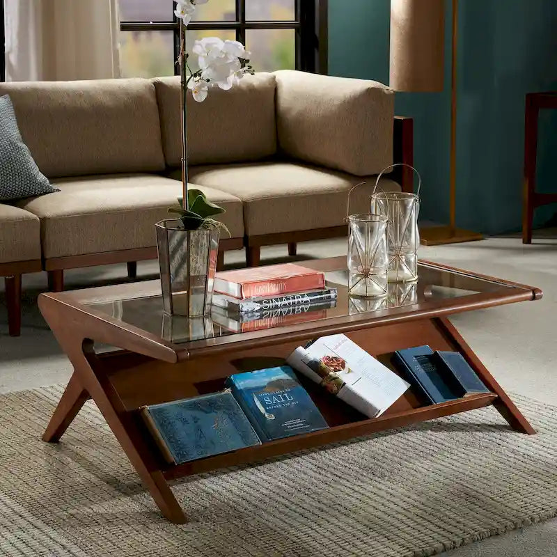 Rechteckiger Couchtisch aus Massivholz und gehärtetem Glas mit offenem Fach, 114 cm B x 68,5 cm T x 40,6 cm H