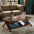 Rechteckiger Couchtisch aus Massivholz und gehärtetem Glas mit offenem Fach, 114 cm B x 68,5 cm T x 40,6 cm H