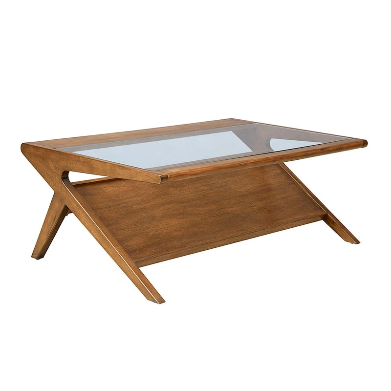Rechteckiger Couchtisch aus Massivholz und gehärtetem Glas mit offenem Fach, 114 cm B x 68,5 cm T x 40,6 cm H