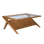 Rechteckiger Couchtisch aus Massivholz und gehärtetem Glas mit offenem Fach, 114 cm B x 68,5 cm T x 40,6 cm H