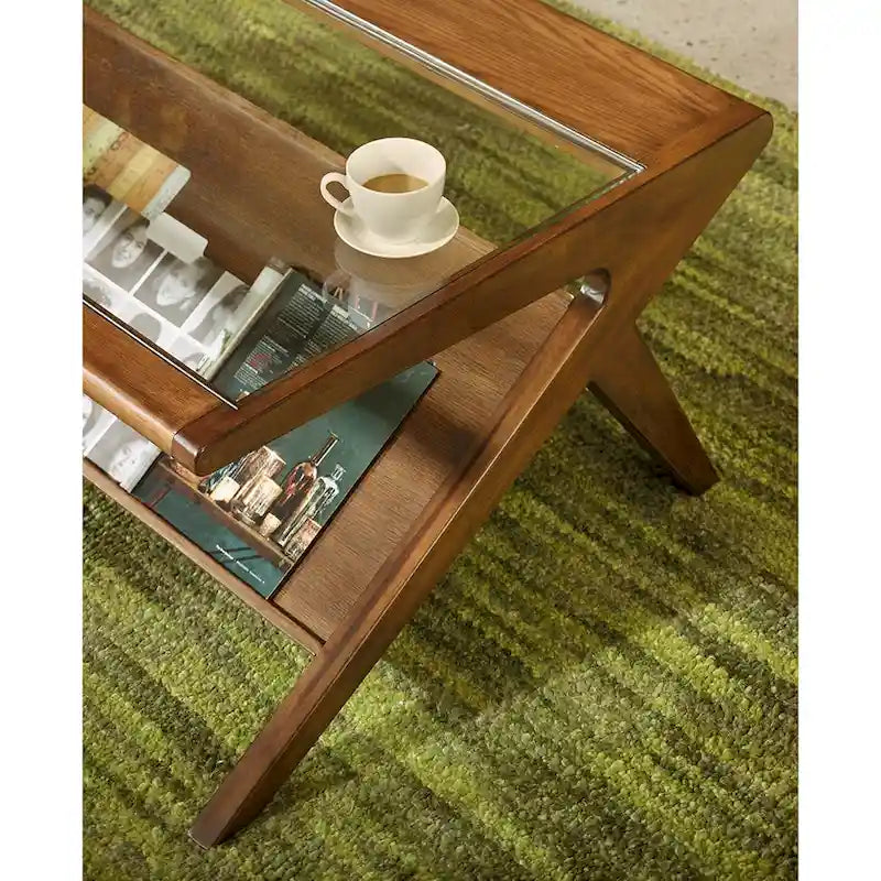 Rechteckiger Couchtisch aus Massivholz und gehärtetem Glas mit offenem Fach, 114 cm B x 68,5 cm T x 40,6 cm H