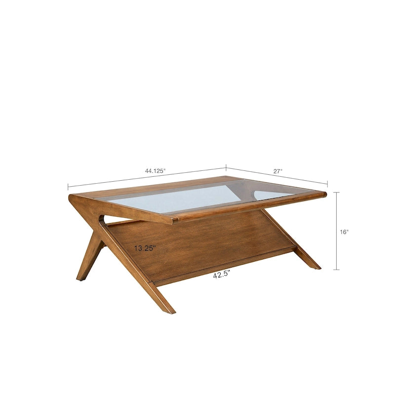 Rechteckiger Couchtisch aus Massivholz und gehärtetem Glas mit offenem Fach, 114 cm B x 68,5 cm T x 40,6 cm H