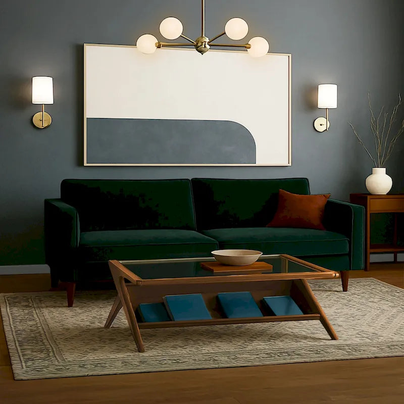 Rechteckiger Couchtisch aus Massivholz und gehärtetem Glas mit offenem Fach, 114 cm B x 68,5 cm T x 40,6 cm H