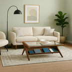 Rechteckiger Couchtisch aus Massivholz und gehärtetem Glas mit offenem Fach, 114 cm B x 68,5 cm T x 40,6 cm H