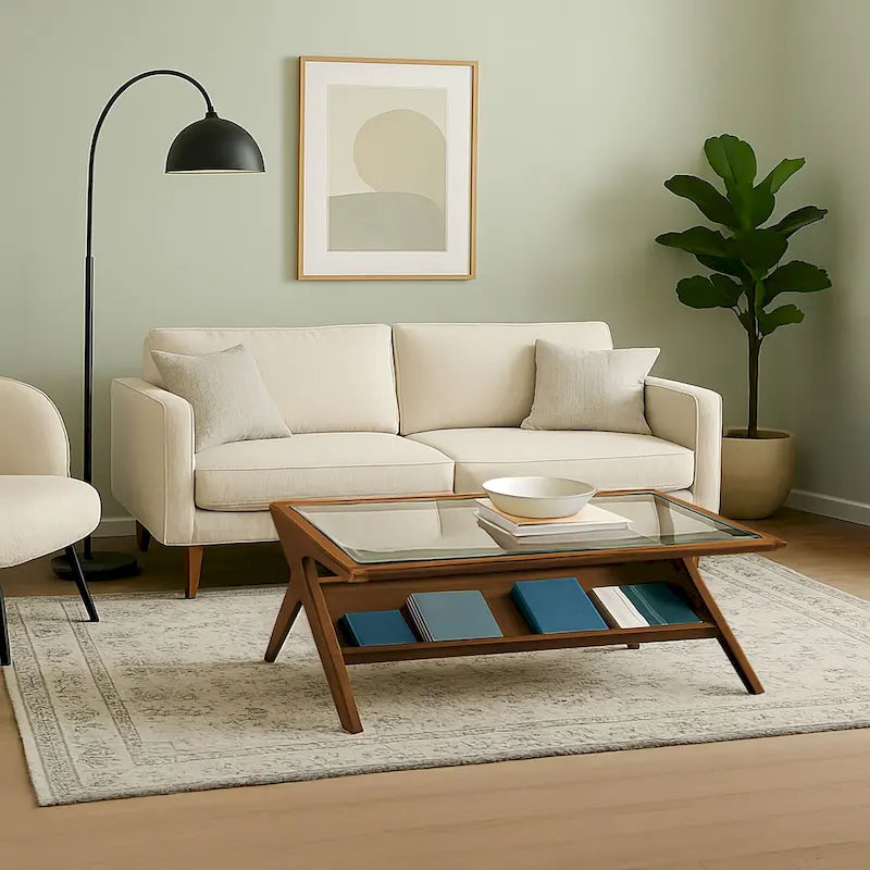 Rechteckiger Couchtisch aus Massivholz und gehärtetem Glas mit offenem Fach, 114 cm B x 68,5 cm T x 40,6 cm H