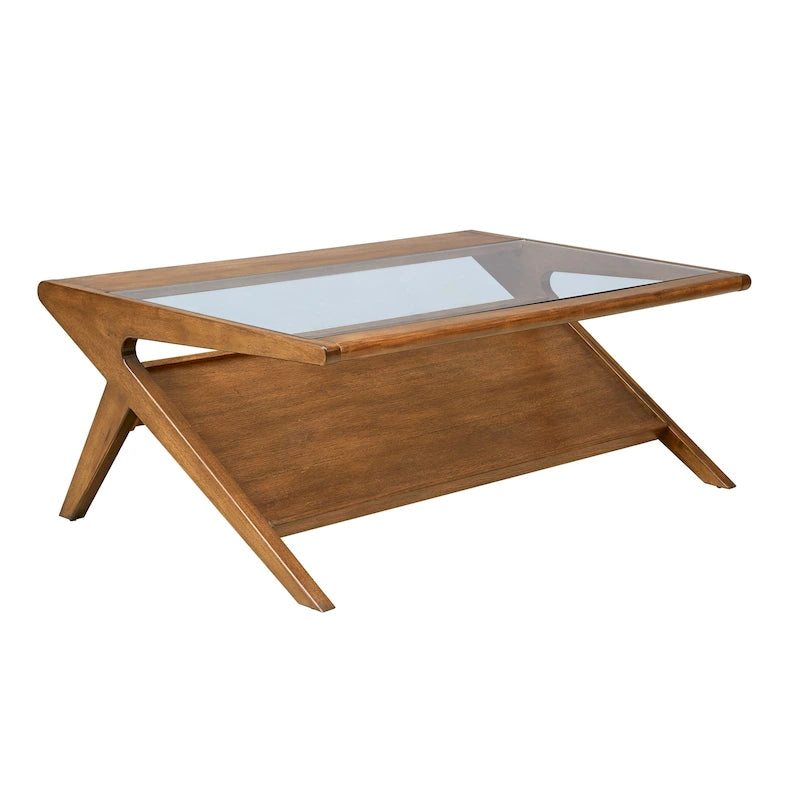 Rechteckiger Couchtisch aus Massivholz und gehärtetem Glas mit offenem Fach, 114 cm B x 68,5 cm T x 40,6 cm H