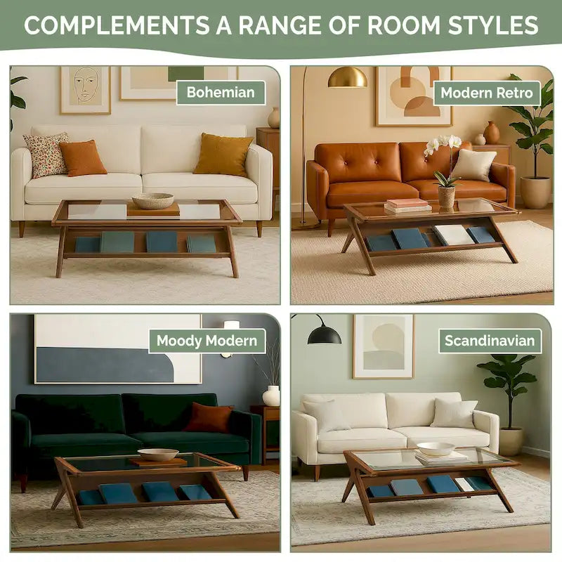 Rechteckiger Couchtisch aus Massivholz und gehärtetem Glas mit offenem Fach, 114 cm B x 68,5 cm T x 40,6 cm H