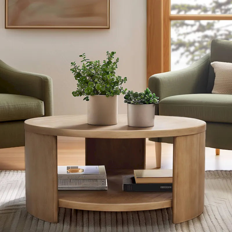 Runder Couchtisch aus Kautschukholzfurnier mit fester Ablage, 91,4 cm Durchmesser x 45,7 cm H