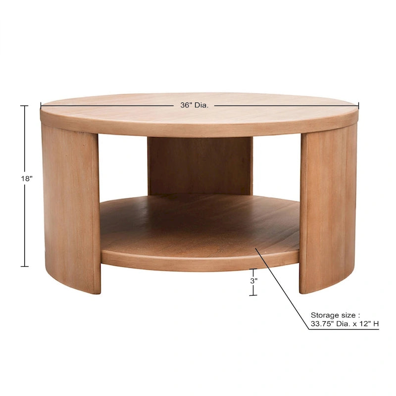 Runder Couchtisch aus Kautschukholzfurnier mit fester Ablage, 91,4 cm Durchmesser x 45,7 cm H