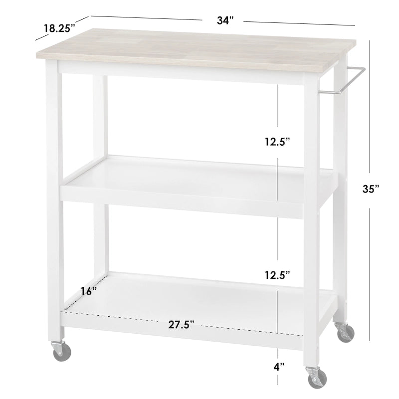 Rollbarer Küchenwagen aus Kautschukholz und MDF mit 2 Ablagen und Handtuchhalter, 86,4 cm B x 46,4 cm T x 88,9 cm H