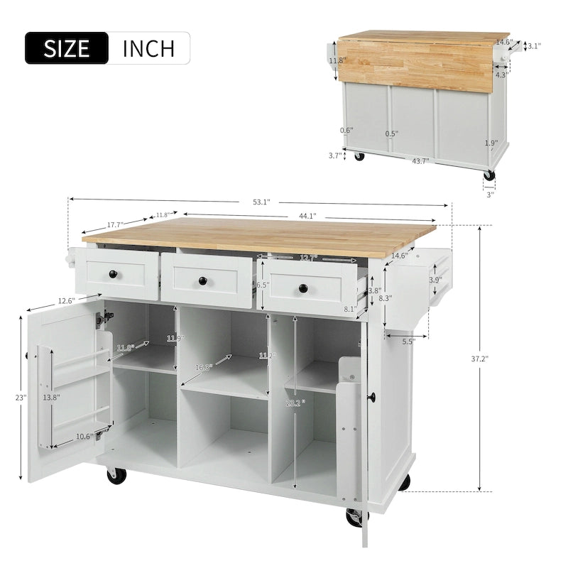 Kücheninsel-Servierwagen aus Kautschukbaum und Kunstholz mit feststellbaren Rollen 134,9 cm (B) x 74,9 cm (T) x 94,5 cm (H)