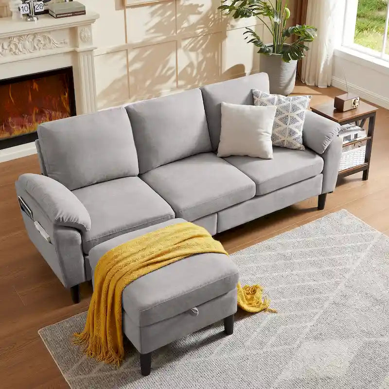L-förmiges Sektionssofa aus Polyester und Hartholz mit umwandelbarem Ottoman 79,53" B x 52,76" T x 34,25" H