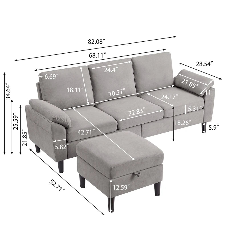 L-förmiges Sektionssofa aus Polyester und Hartholz mit umwandelbarem Ottoman 79,53" B x 52,76" T x 34,25" H