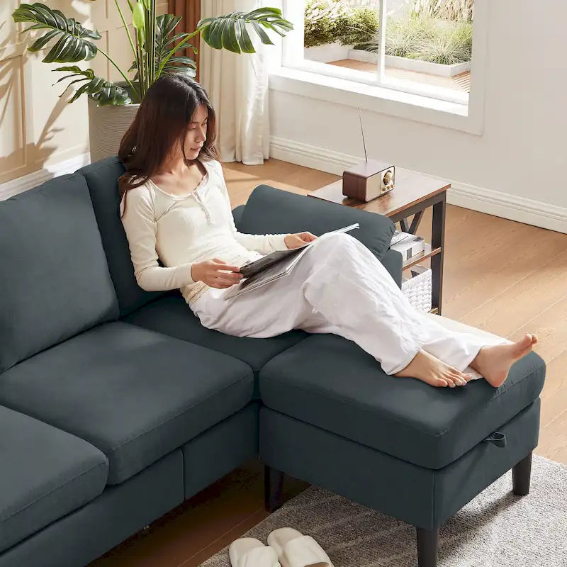 L-förmiges Sektionssofa aus Polyester und Hartholz mit umwandelbarem Ottoman 79,53" B x 52,76" T x 34,25" H