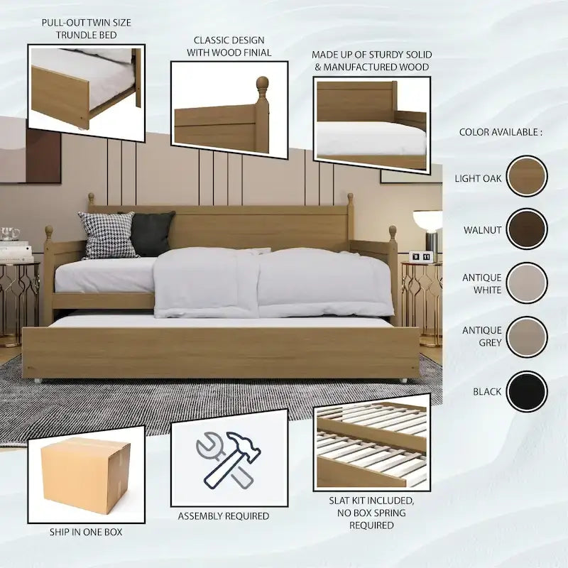 Tagesbett aus massivem Kautschukholz mit ausziehbarem Rollbett 42" B x 81" L x 43" H