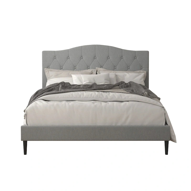 Gepolstertes Plattformbett aus Polyester mit Knopfheftung und Kamelrücken-Kopfteil