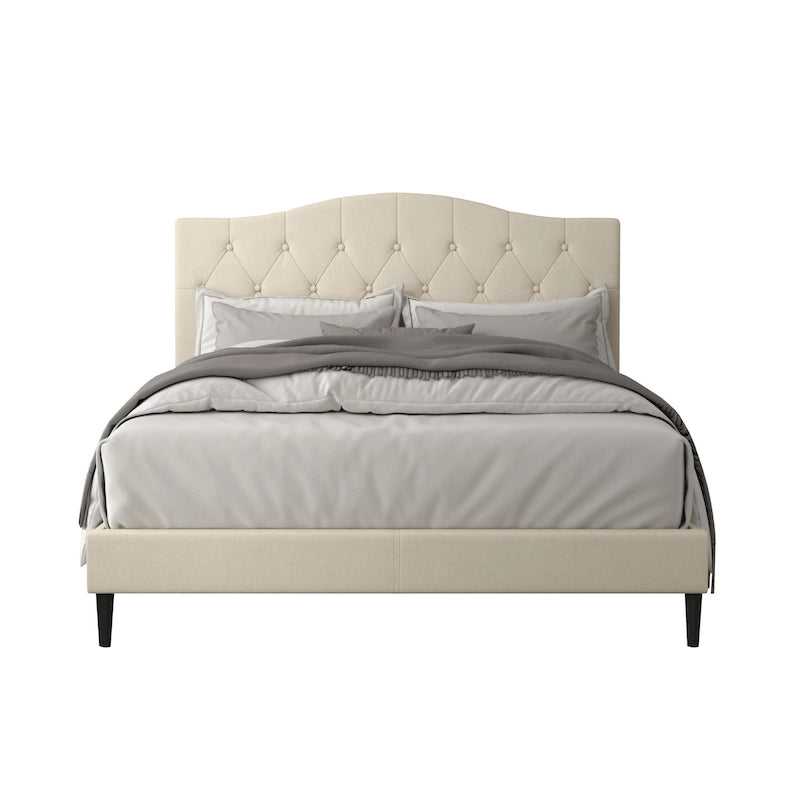 Gepolstertes Plattformbett aus Polyester mit Knopfheftung und Kamelrücken-Kopfteil