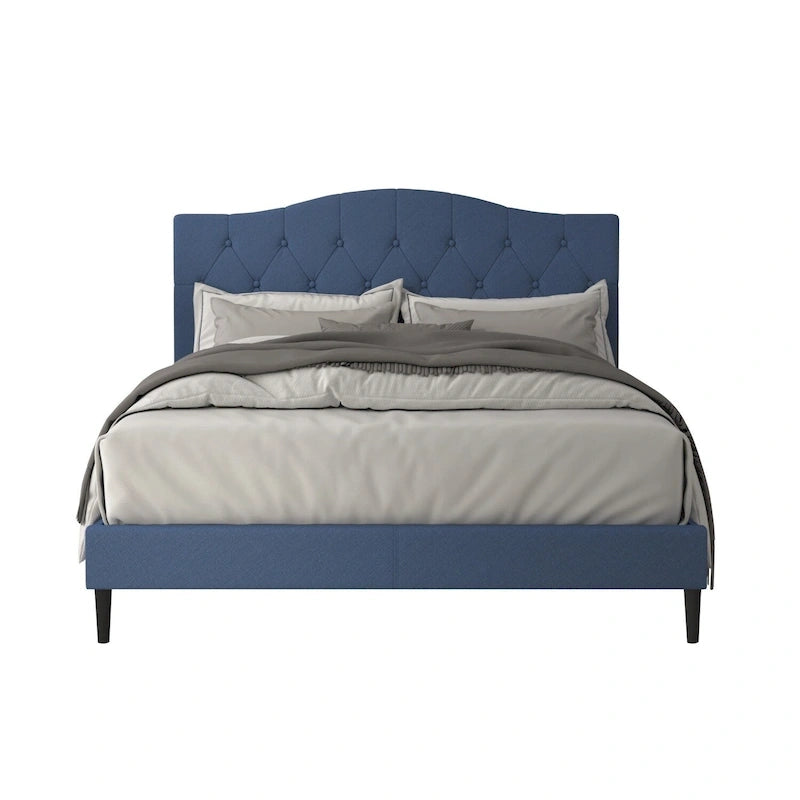 Gepolstertes Plattformbett aus Polyester mit Knopfheftung und Kamelrücken-Kopfteil
