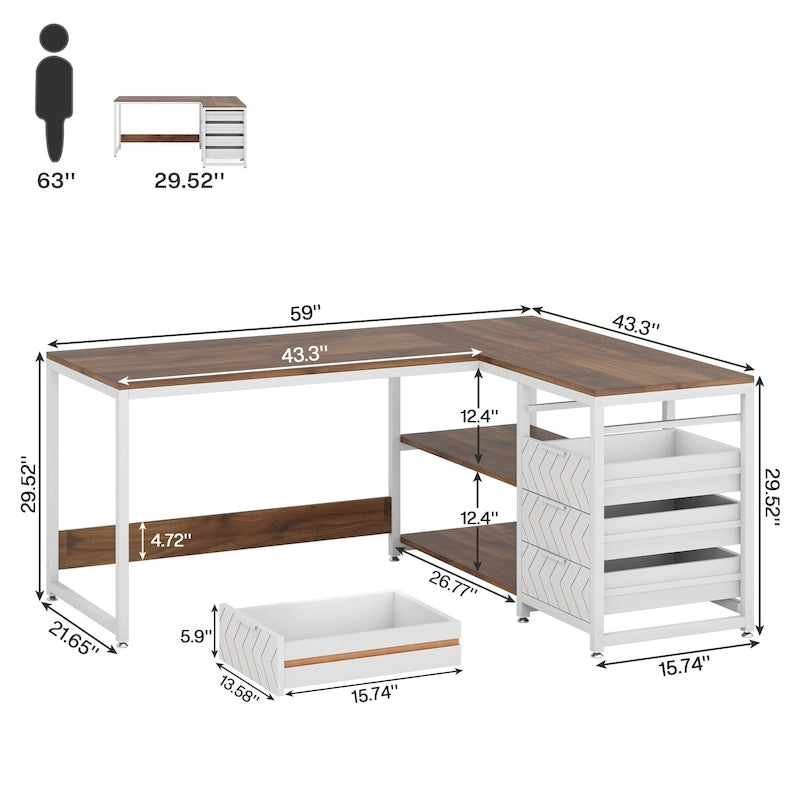 E1 Spanplatte & Metall umkehrbarer L-förmiger Schreibtisch mit Schubladen 150 cm B x 109 cm T x 75 cm H