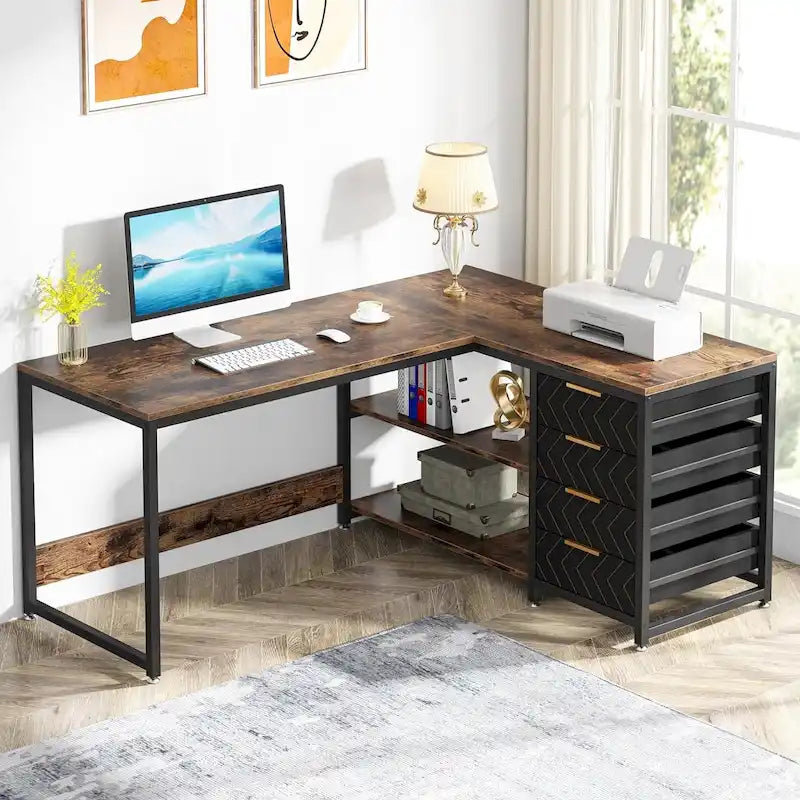 E1 Spanplatte & Metall umkehrbarer L-förmiger Schreibtisch mit Schubladen 150 cm B x 109 cm T x 75 cm H