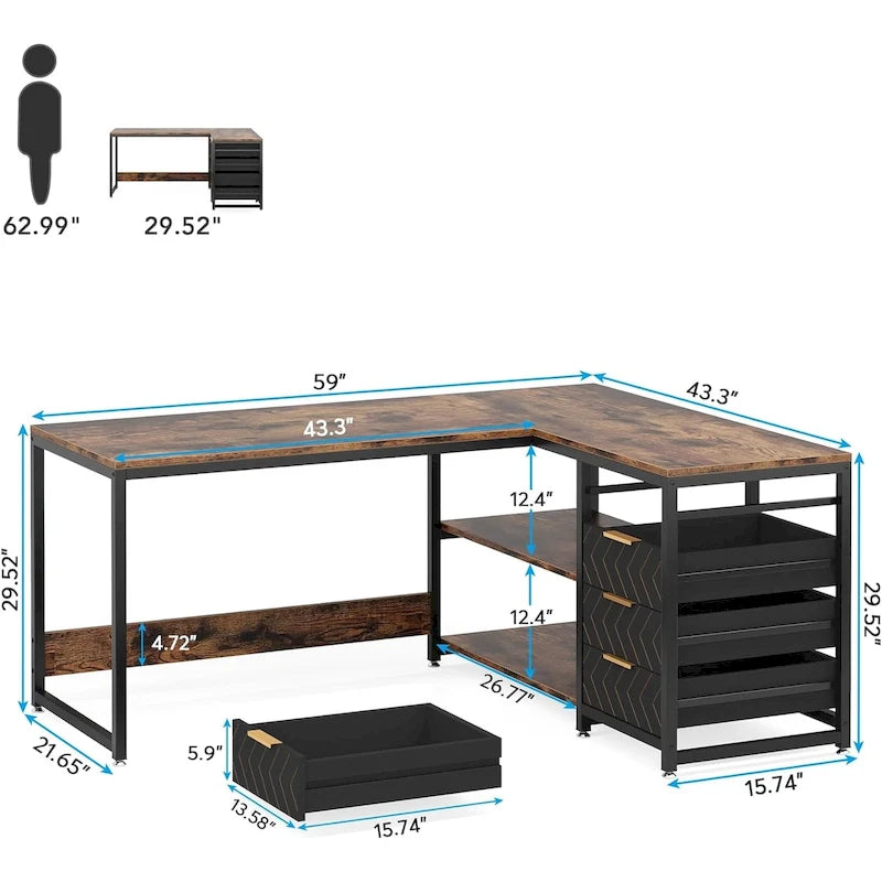 E1 Spanplatte & Metall umkehrbarer L-förmiger Schreibtisch mit Schubladen 150 cm B x 109 cm T x 75 cm H