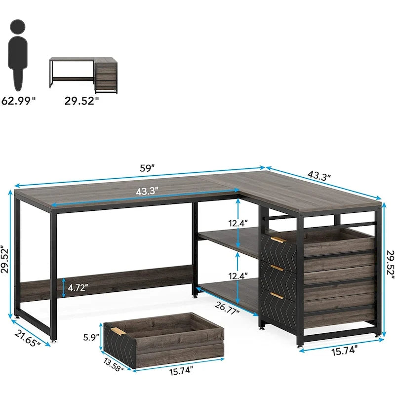 E1 Spanplatte & Metall umkehrbarer L-förmiger Schreibtisch mit Schubladen 150 cm B x 109 cm T x 75 cm H