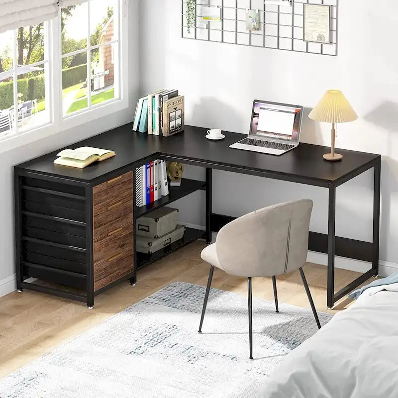 E1 Spanplatte & Metall umkehrbarer L-förmiger Schreibtisch mit Schubladen 150 cm B x 109 cm T x 75 cm H